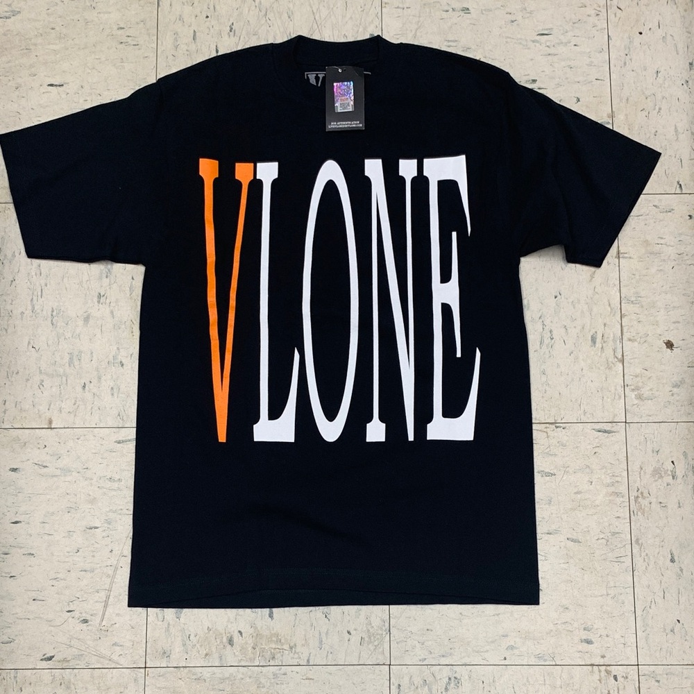 VLONE Black Tee with Orange V and White Logo